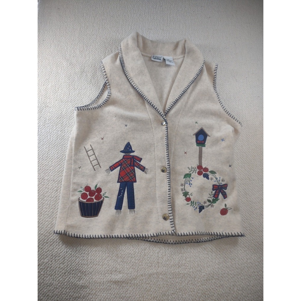 Vintage 80s‎ Capacity Sweater Vest Sz L Autumn Fall Scarecrow Apples Cottage
